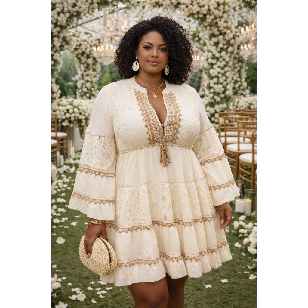 Vestido Indiano Feminino Curto  Bata Feminina Com Forro Algodão Detalhado Lese Estilo Boho Country - Não é transparente