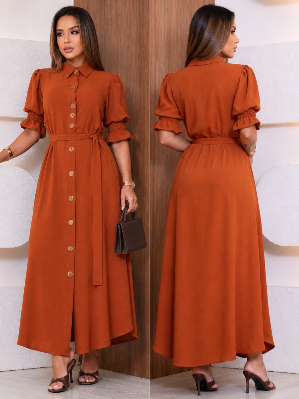 Vestido Chemise Longo Feminino Manga Bufante Moda Evangélica