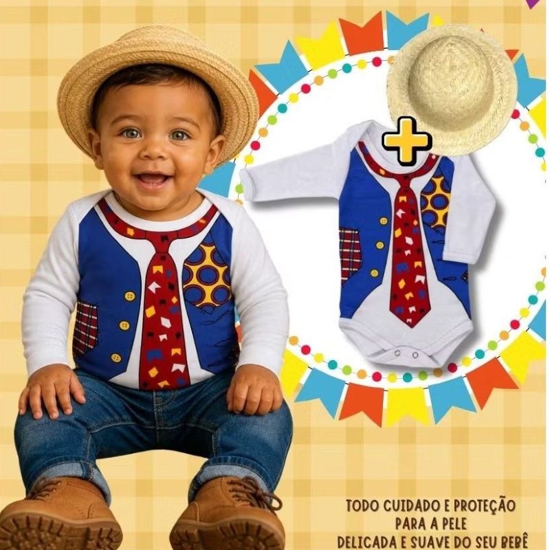 Body bebe menino mesversário temático Festa Junina Arraiá Quadrilha Noivinho Jeca Tatu+ chapéu palha