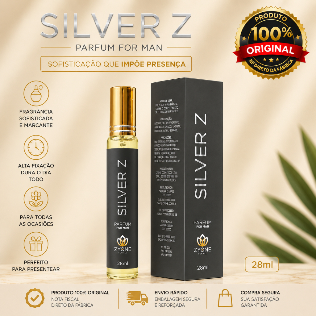 Perfume Masculino Silver Z Zyone Alta Fixação 25% de Essência Importada Parfum