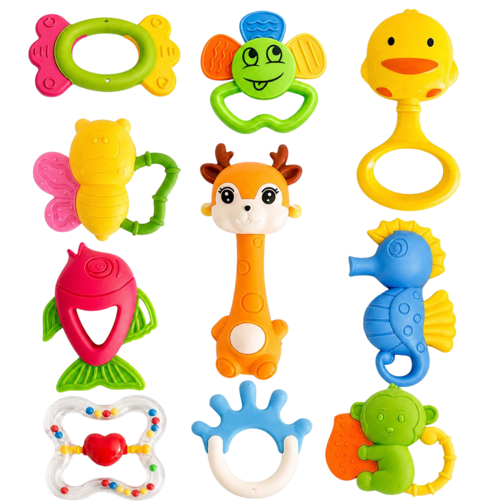 Kit 10 Brinquedos para Bebê Chocalho e Mordedor Sensorial Educativo Colorido