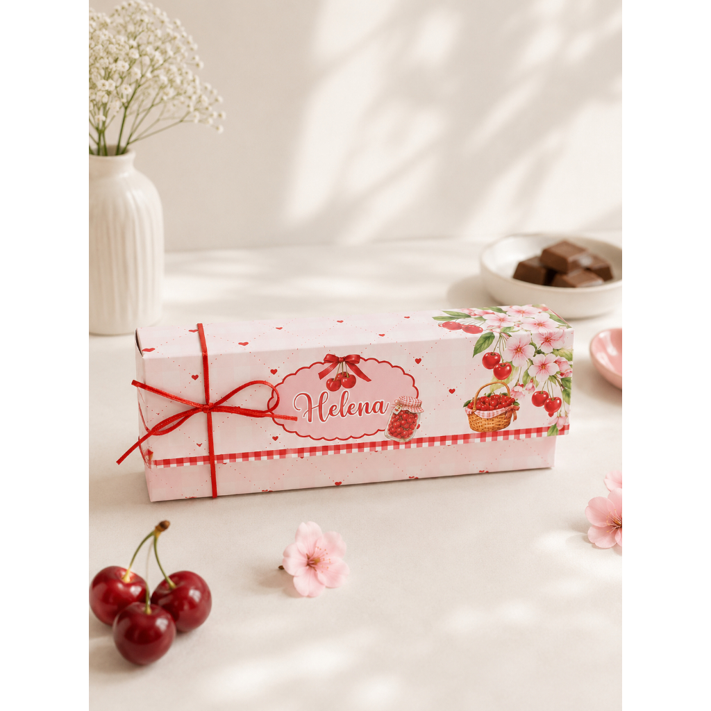 Caixa BIS Cerejinha Personalizada Luxo | Lembrancinha Infantil Feminina | Papel Fotográfico Premium
