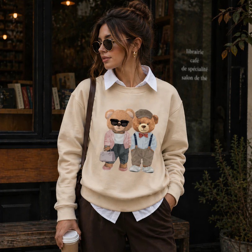 Moletom Feminino Manga Longa Estampado Casal Urso Cute Look Blogueira