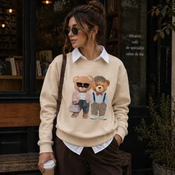 Moletom Feminino Manga Longa Estampado Casal Urso Cute Look Blogueira