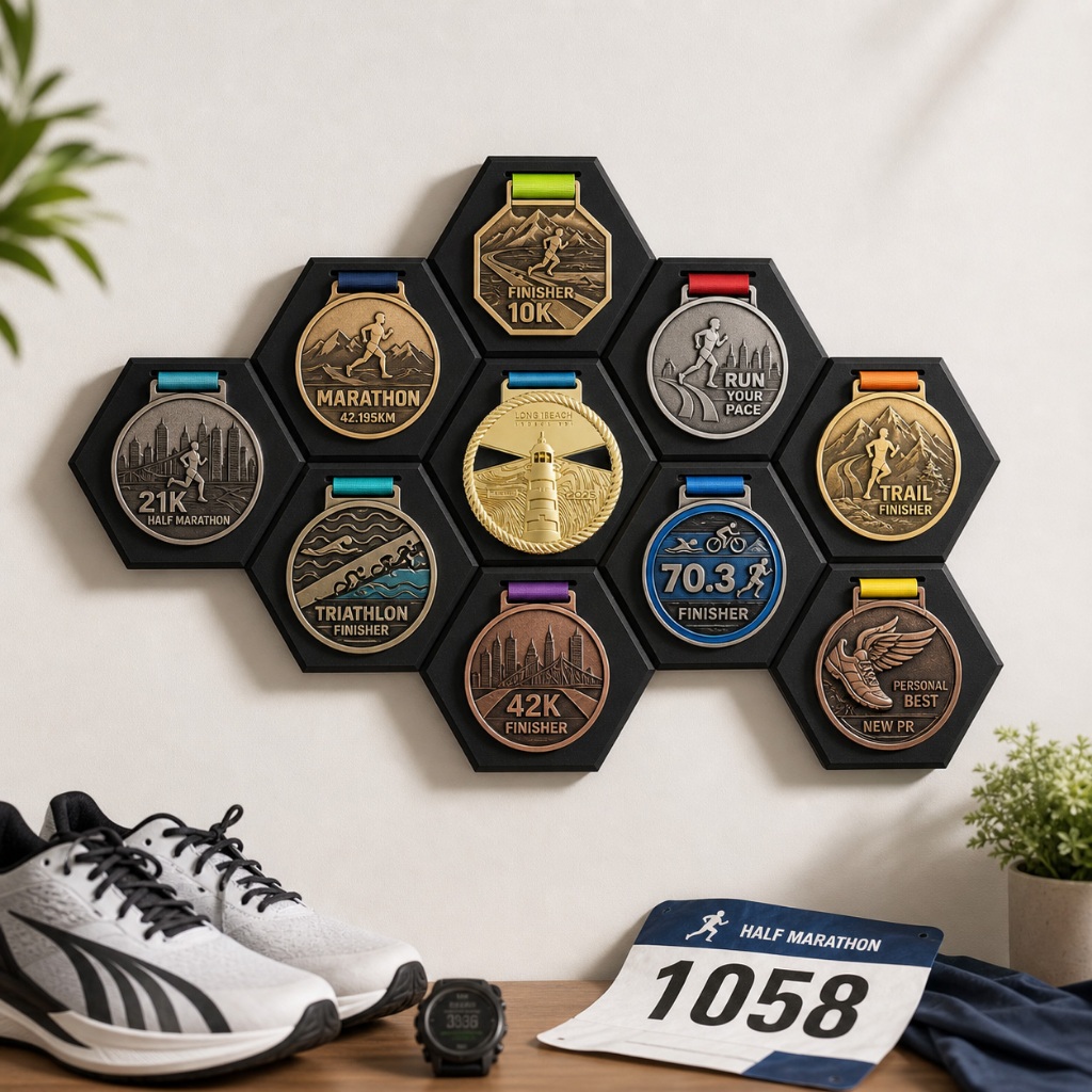 Porta Medalhas Hexagonal organizador para suas conquistas Suporte de medalhas corrida bike futebol tênis Esporte