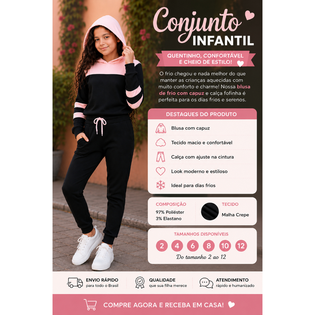 Conjunto Infantil Feminino Casual com Capuz Roupa de Frio Menina - Moletinho