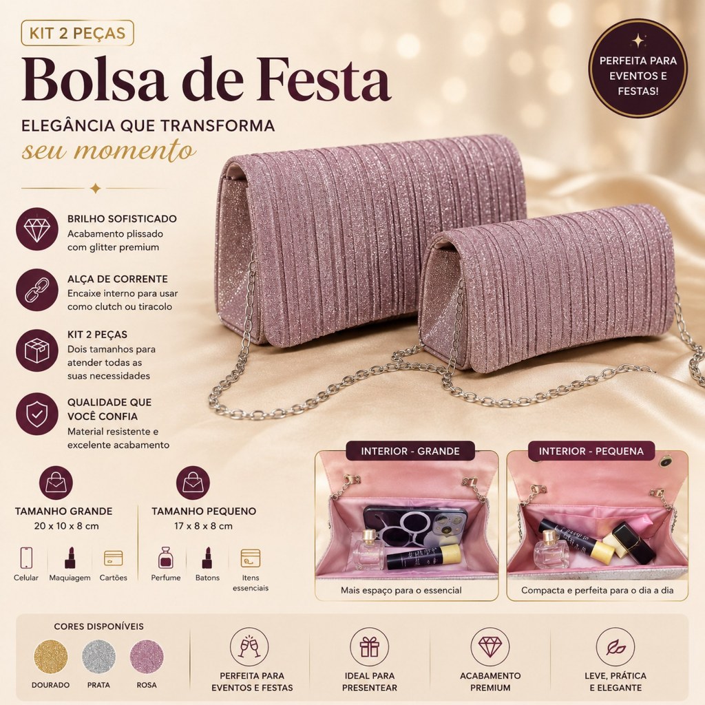 Kit 2 Bolsa Festa De Mão Corrente Carteira Brilhante Gitter Elegante Casamento Balada Festa Grande Variedade