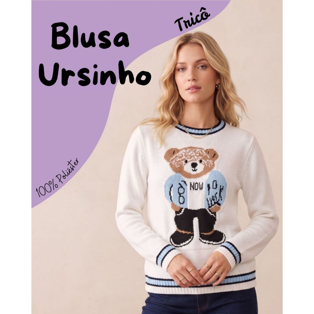 Blusa Feminina Tricot Estampa Ursinho Casual Manga Longa Gola Redonda Tricô Acabamento Canelado
