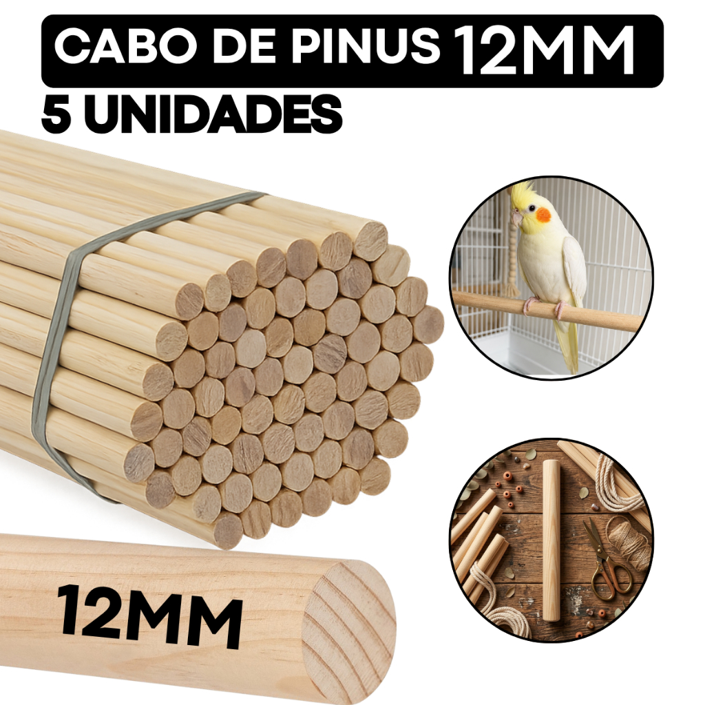 Kit 5 Poleiros Madeira Pinus 12mm Vareta Bastão Aves Artesanato Macramê Calopsita Gusffer