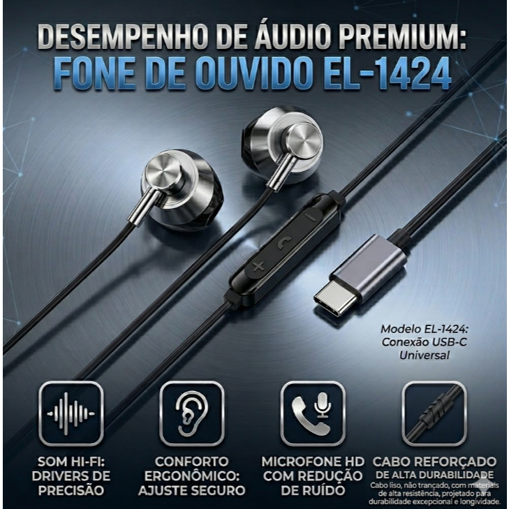Fone de Ouvido Tipo-C com Som Hi-Fi e Microfone | Controle Integrado| Áudio Premium para Smartphones