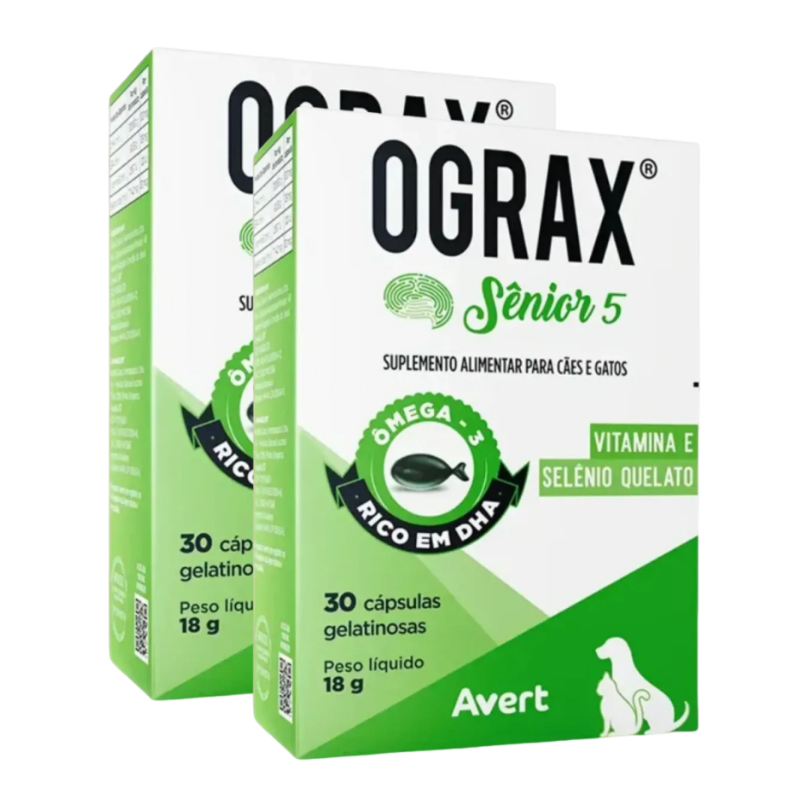 Kit 2 Ograx Senior 5 Suplemento Alimentar Cães Gatos Idosos 60 Cápsulas Avert Longevidade