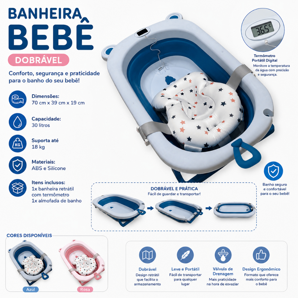 Banheira De Bebe Dobrável Portátil Com Termômetro Digital 40 Litros Infantil