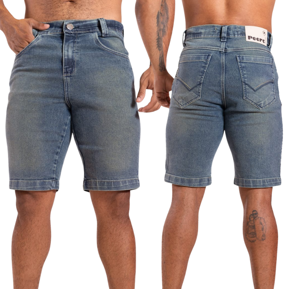 Bermuda Jeans Masculina Com Lycra Elastano Linha Premium Bolso Bordado Slim Moda Verão