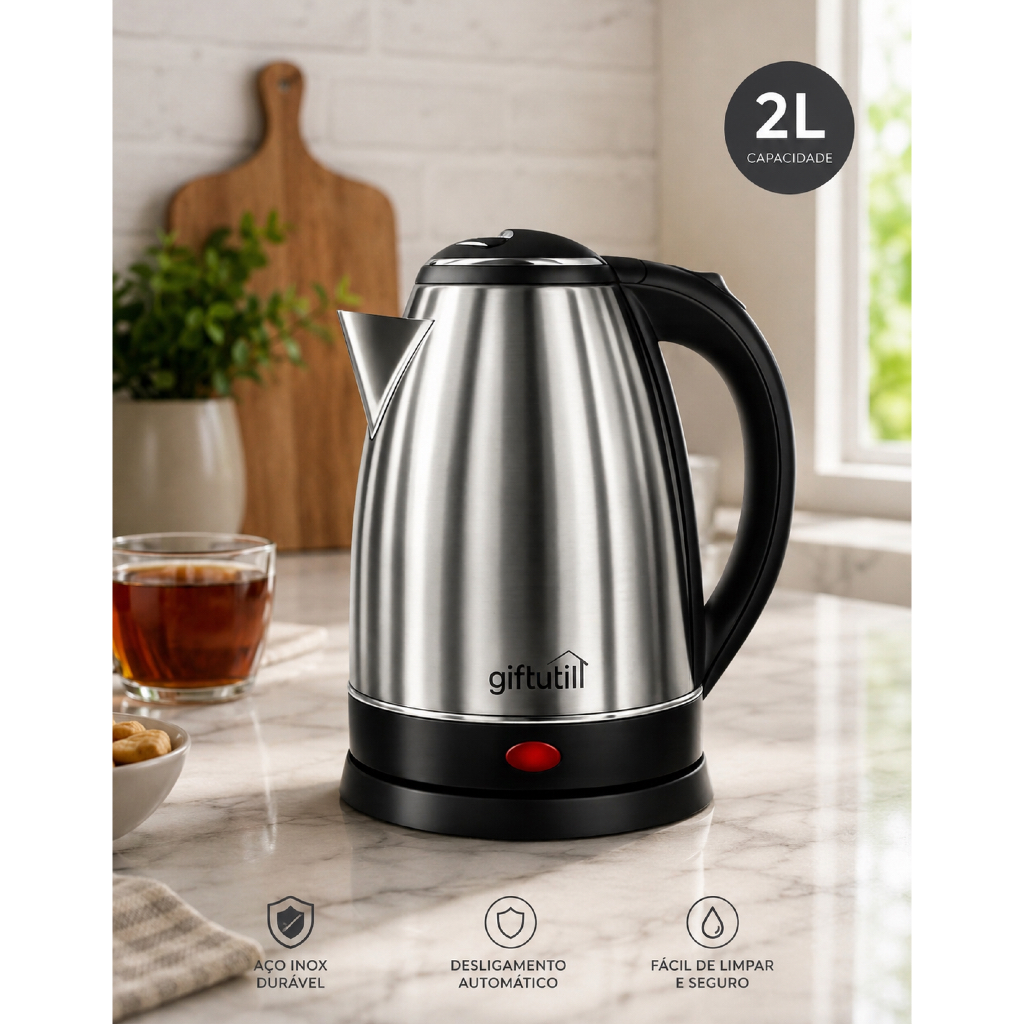 Chaleira Eletrica Inox 2 Litros 1500W Aquecimento Rapido Desligamento Automatico Luz Indicadora 110V Giftutil
