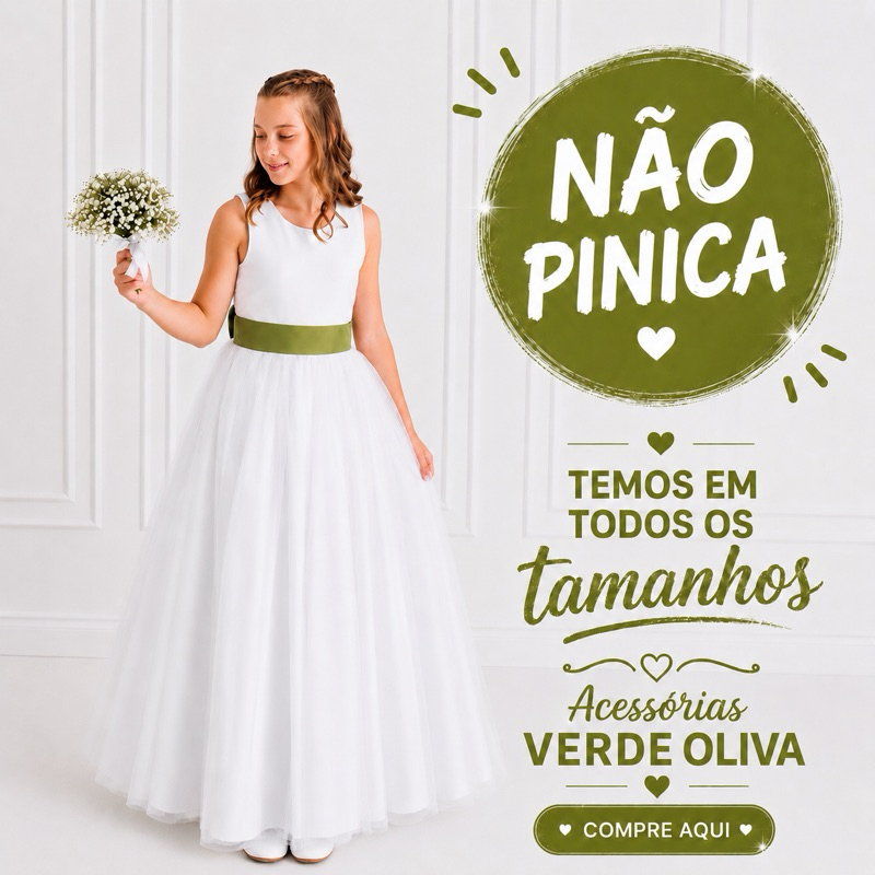 Vestido Longo Branco Dama de Honra Faixa E Laço Verde Oliva Infantil Com Saia Tule REF4072