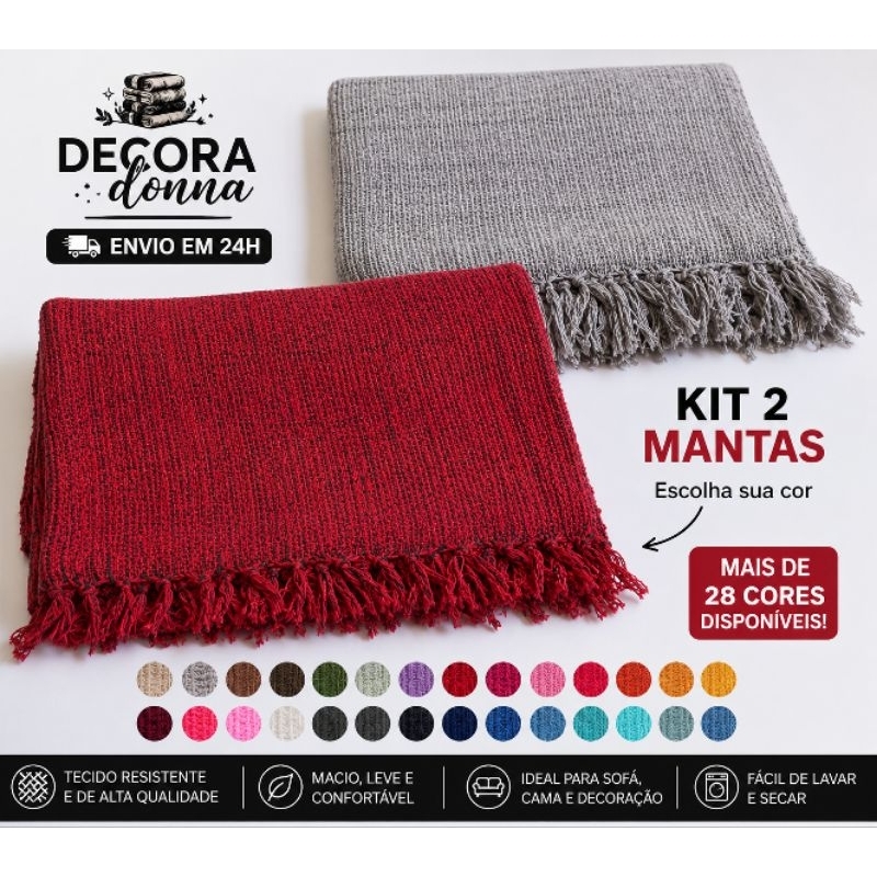 Kit 2 Mantas Para Sofá ou Cama Grande 210×120 Tipo Capa Protetora 100% Algodão Decorativa