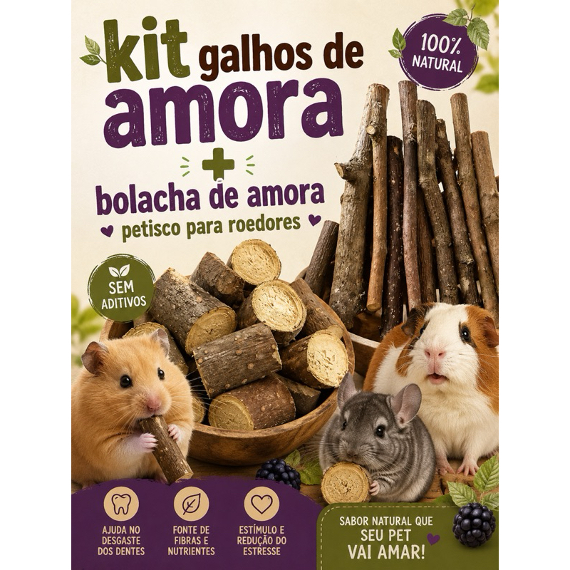 Galhos de amora + bolachas de amora petisco para roedores
