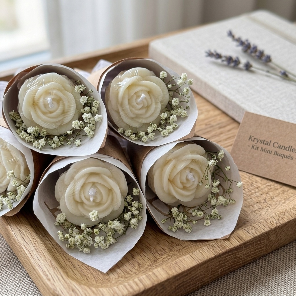 Lembrancinha Personalizada Mini Buquê de Velas Aromáticas - Casamento, Batizado, Maternidade - Kit