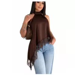 Blusa Feminina Gola Alta Assimétrica Frente Única Com Renda Bata Elegante Tendência Inverno
