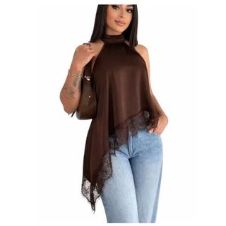 Blusa Feminina Gola Alta Assimétrica Frente Única Com Renda Bata Elegante Tendência Inver…