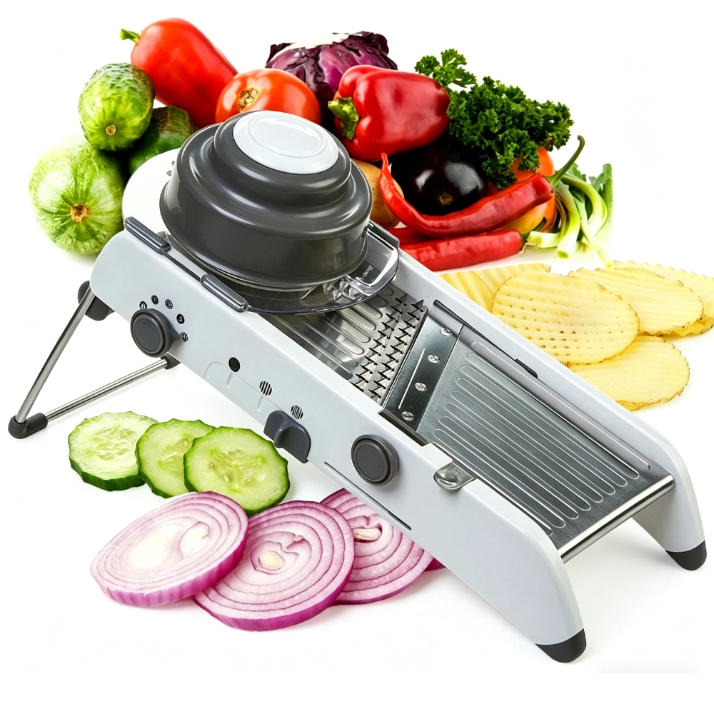 Mandoline Ajustável em Aço Inoxidável 18 Tipos de Corte, Fatiador e Ralador Profissional para Legumes e Frutas