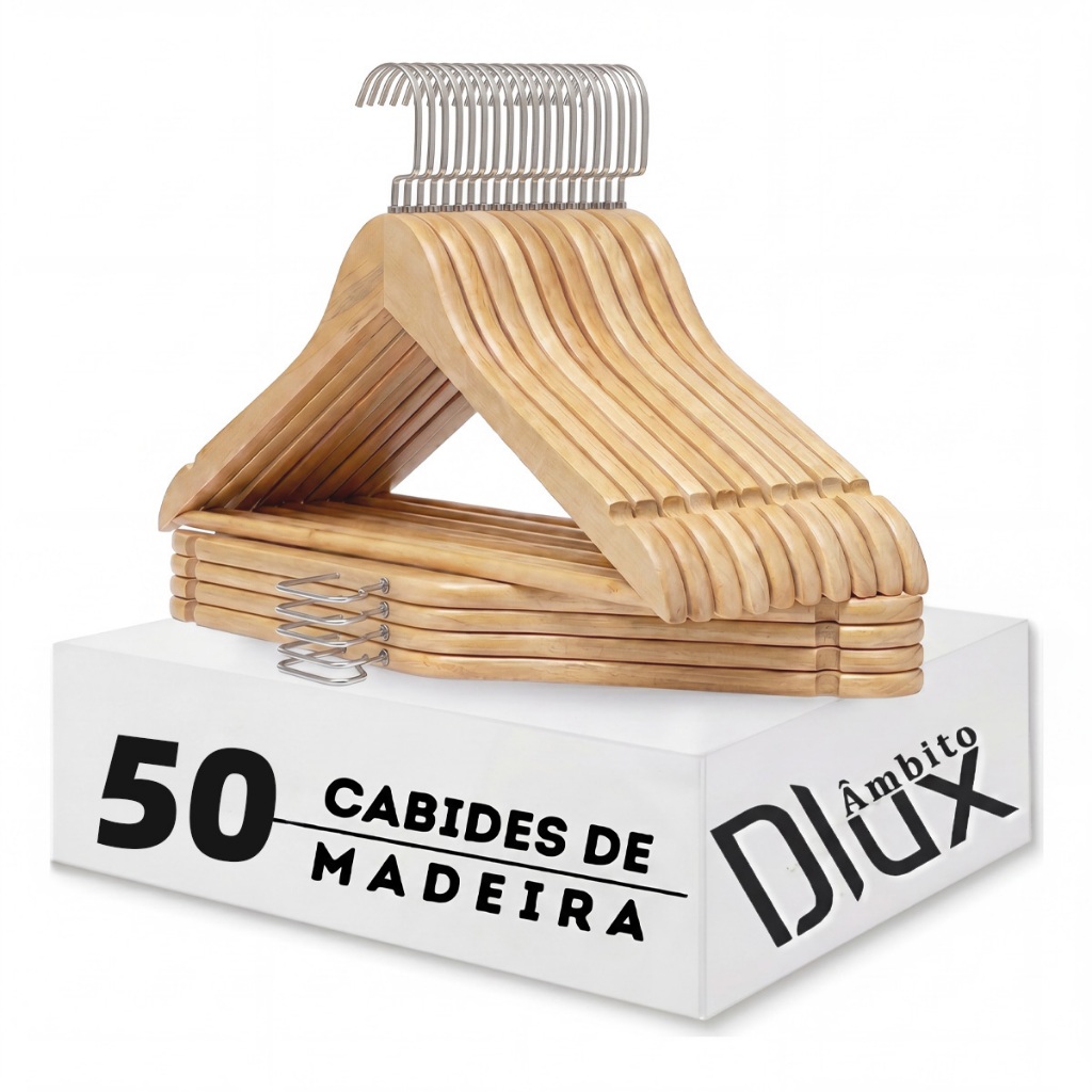Ambito Dlux Kit 50 Cabide De Madeira Envernizada Alta Qualidade Closet Organizado Reforçado Gancho Em Cromado