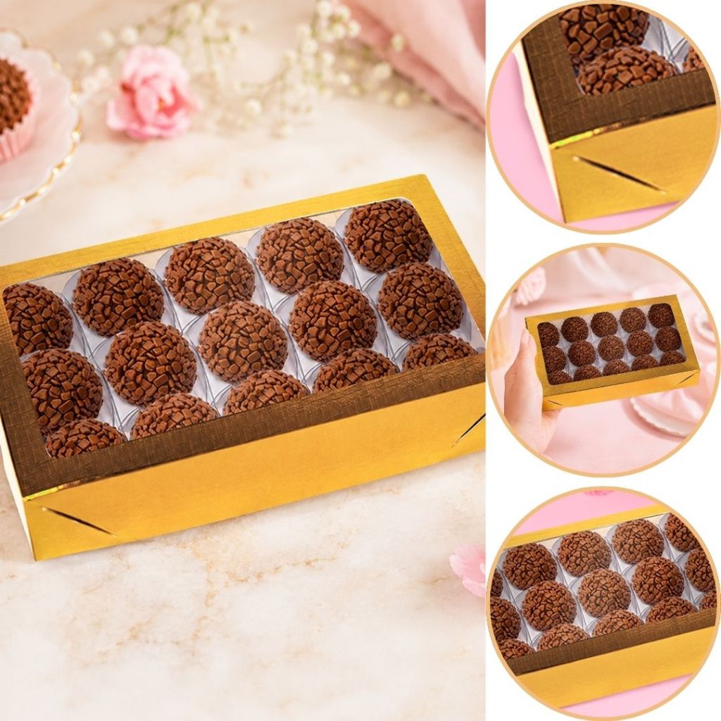 10~50 CAIXA LAMINADA C/ VISOR (15 DOCES) 4x20x12 cm OURO 4674 (CHOCO)