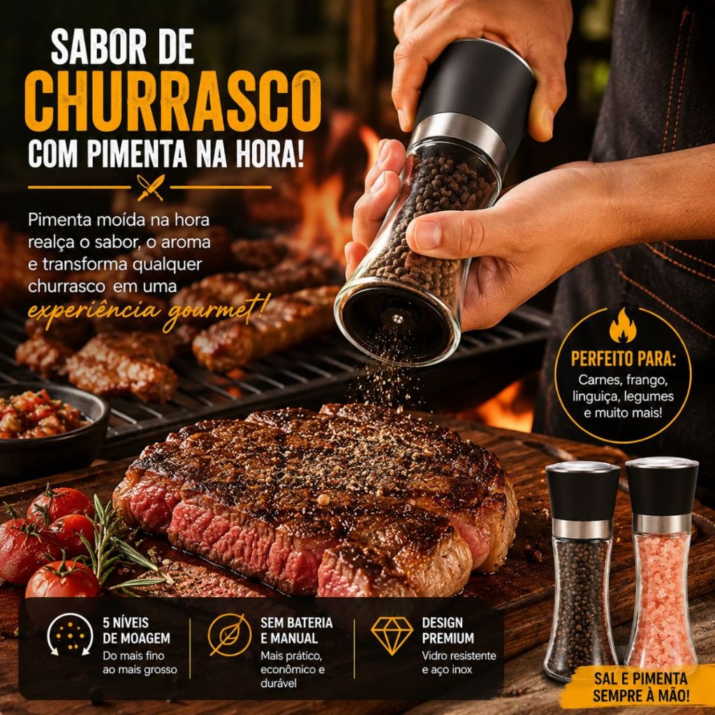 Moedor De Tempero 210ML Com Regulador Sal Pimenta Porta Condimentos Especiarias De Vidro