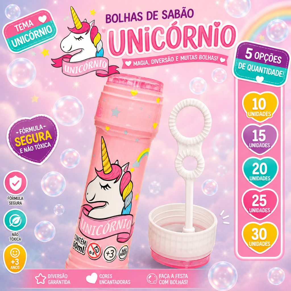 Bolha de Sabão Unicórnio 60ml Kit 10 15 20 25 30 Unidades Lembrancinha Festa Infantil
