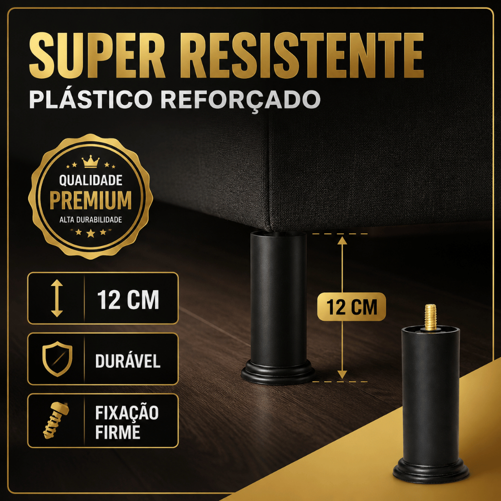 Pés para Cama Box Plastico Pu 6 Unidades Reforçados 12cm com Parafuso