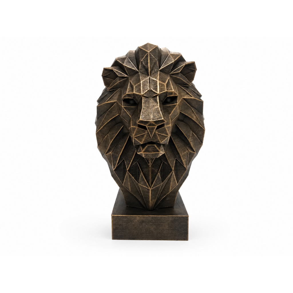 Escultura Leão Geométrico Low Poly Bronze Premium Decorativo Luxo 3D 20cm - Cores Personalizadas