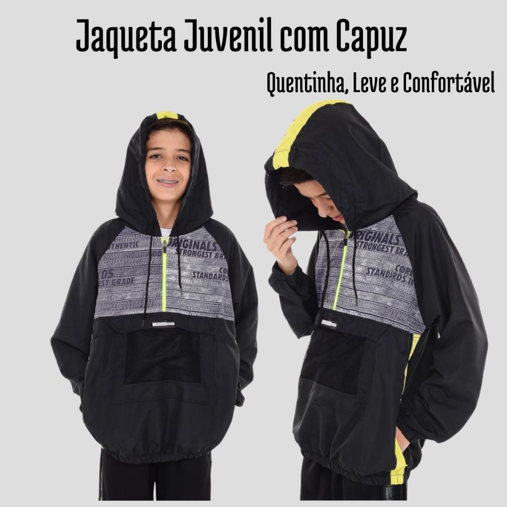 Jaqueta Preta Capuz Infantil Juvenil Preta Unissex Capuz Casaco Agasalho Liso Poliéster Leve Confortável