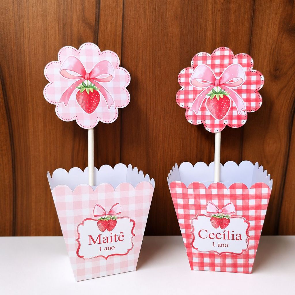 Centro de mesa Cachepô personalizado Moranguinho - Pegue e Monte - Morango rosa, Morango vermelho