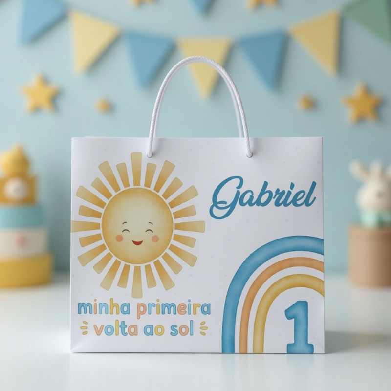 20 Sacolinha Personalizada Primeira volta ao Sol 365 Sorrisos - Lembrancinha Festa Aniversário Pegue e Monte