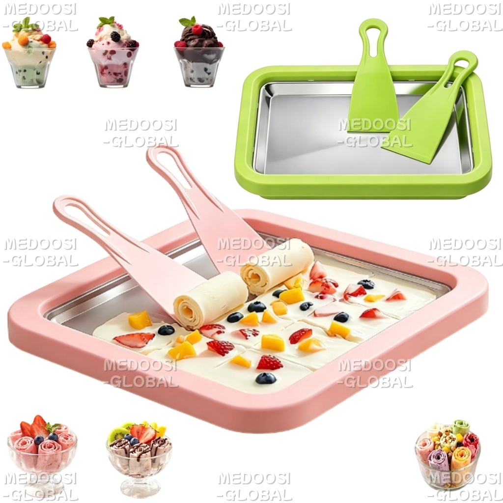 Máquina de Sorvete Caseira enrolado Rolo Aço Inox com 2 Espátula Sorveteira Adulto Infantil  Chapa Instantânea Rolo