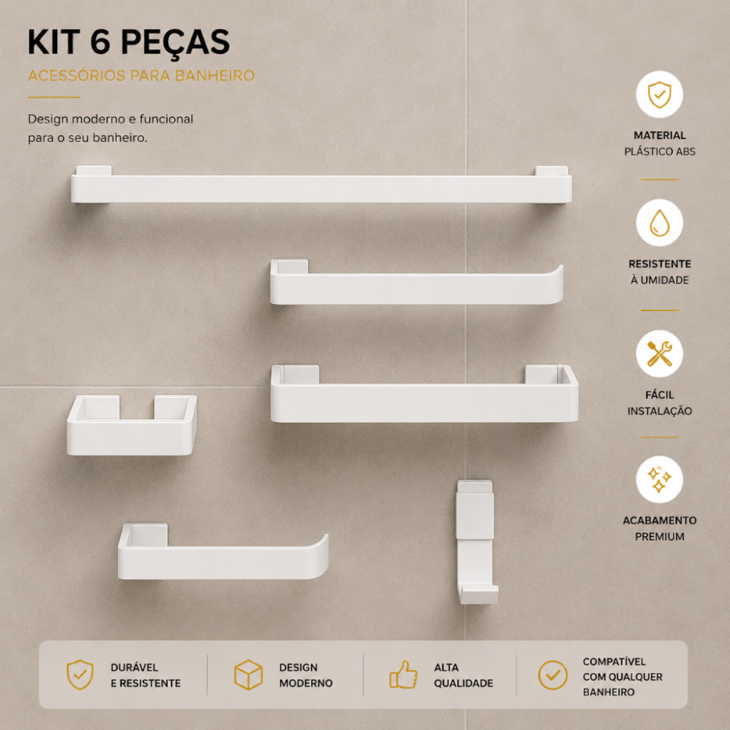 Kit de acessórios para Banheiro Alumínio 6 peças com Porta Toalha Branco Completo Resistente