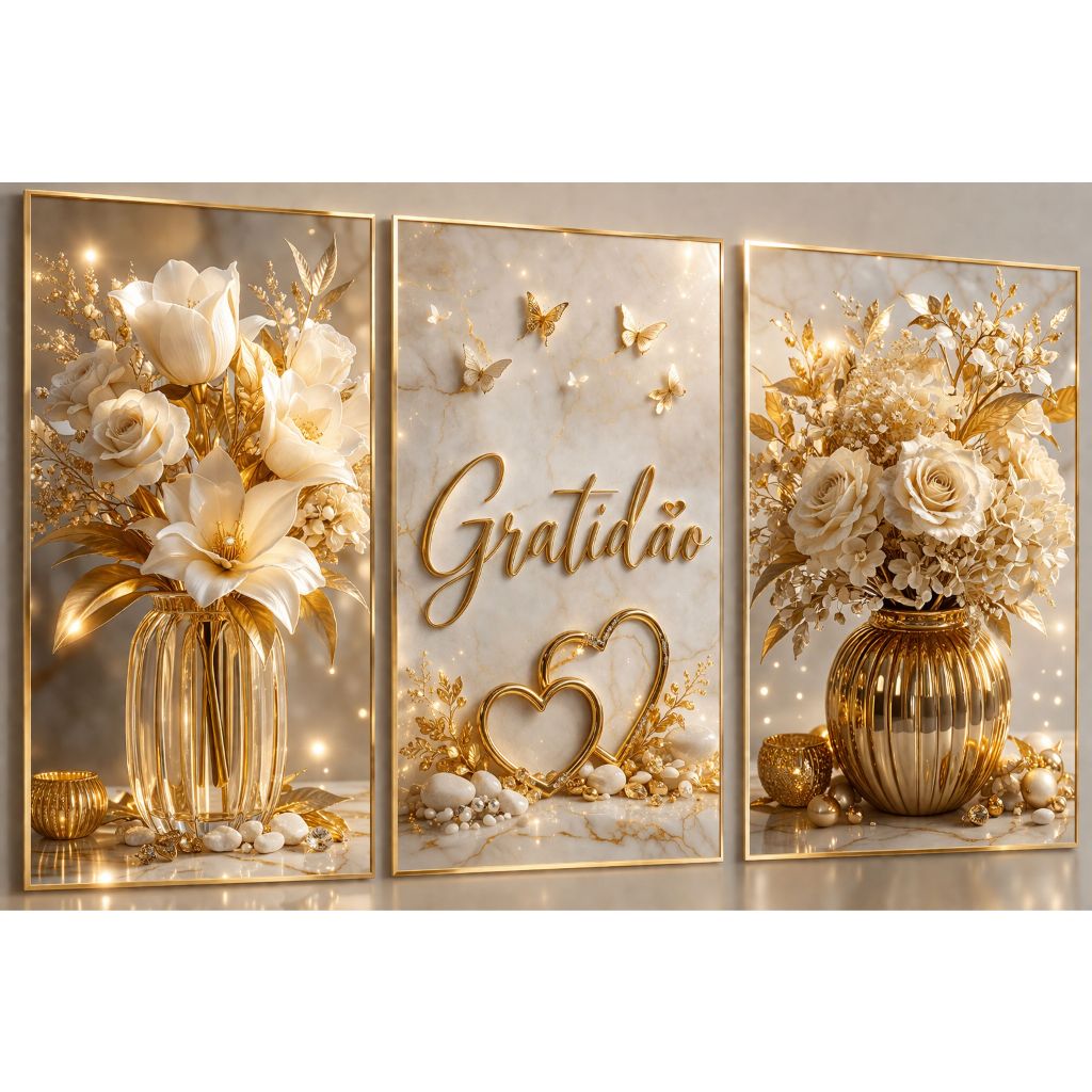 Quadros Decorativos 3 Peças Painel Vasos brilhantes Gratidão Para Decoração Flores Douradas(VASO GRATIDÃO BEGE))
