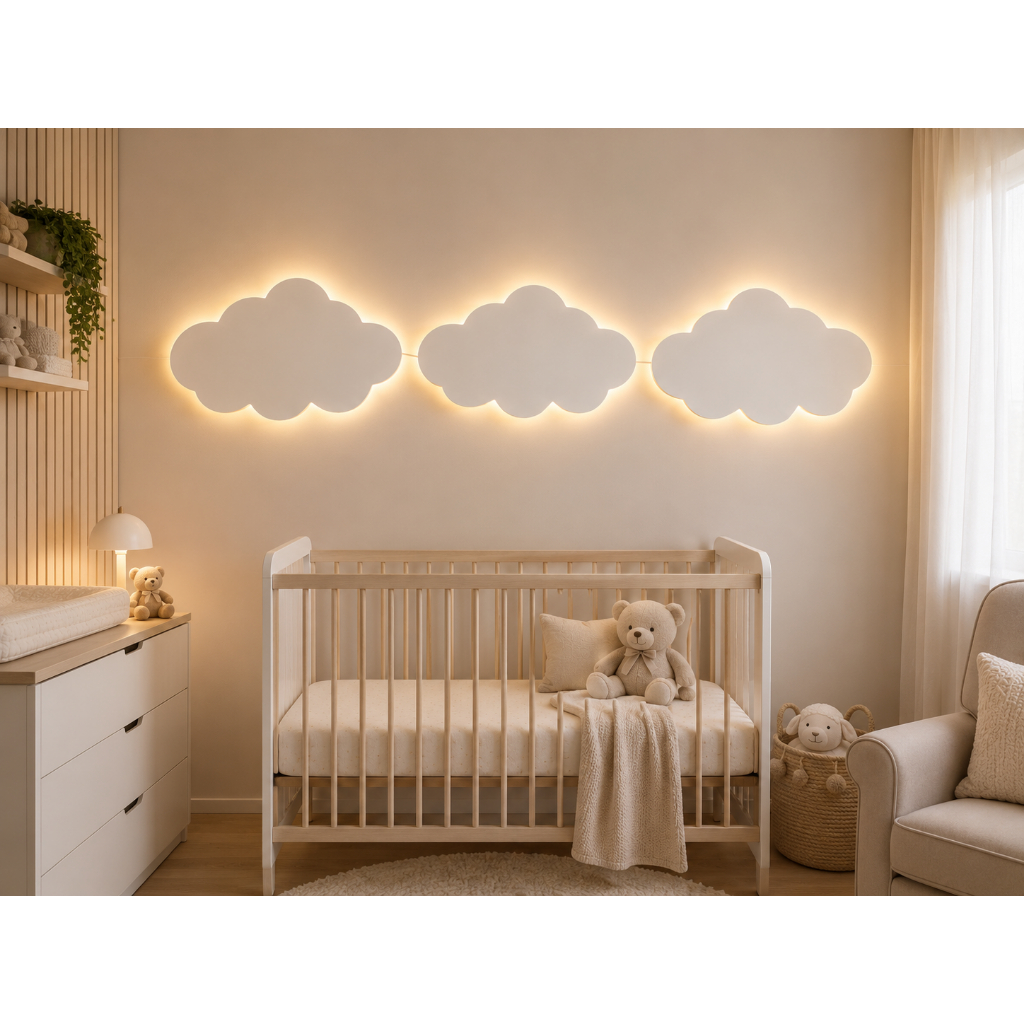 Luminária Nuvem LED Infantil 90cm Quarto Bebê Decorativo Luz Suave 3 Nuvens MDF