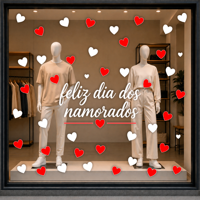 Adesivo de Vitrine Dia dos Namorados Promoção Decoração Loja Vinil frase em recorte corações vermelho e branco