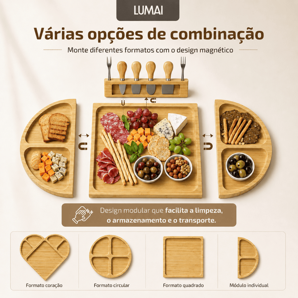 Lumai Tábua Bambu Petisqueira Magnética Coração Queijos Frios Kit Facas Modular Garfos · foto 2
