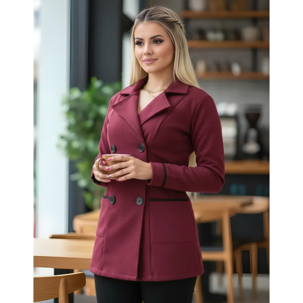 Casaco Moletom  C/ Botões Feminino Moda Inverno Sobretudo Flanelado Dentro Gola Dobrável P ao G3