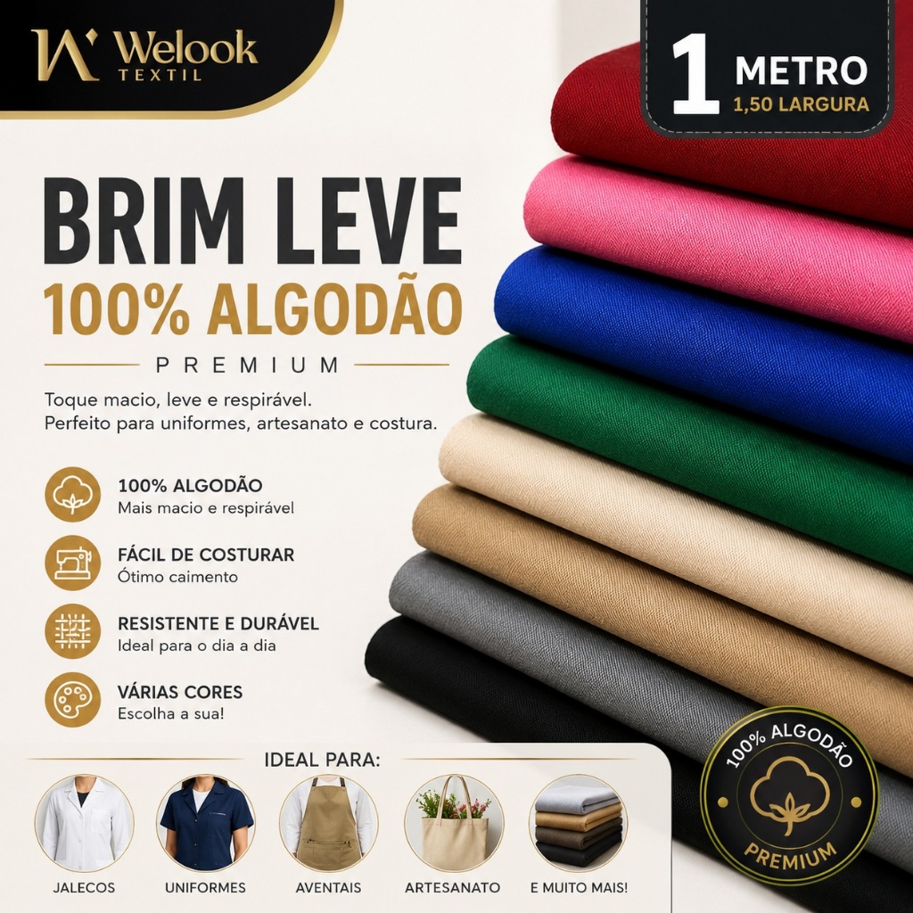 1 Metro Tecido Brim Leve Premium 100% Algodão – Macio, Resistente e Confortável