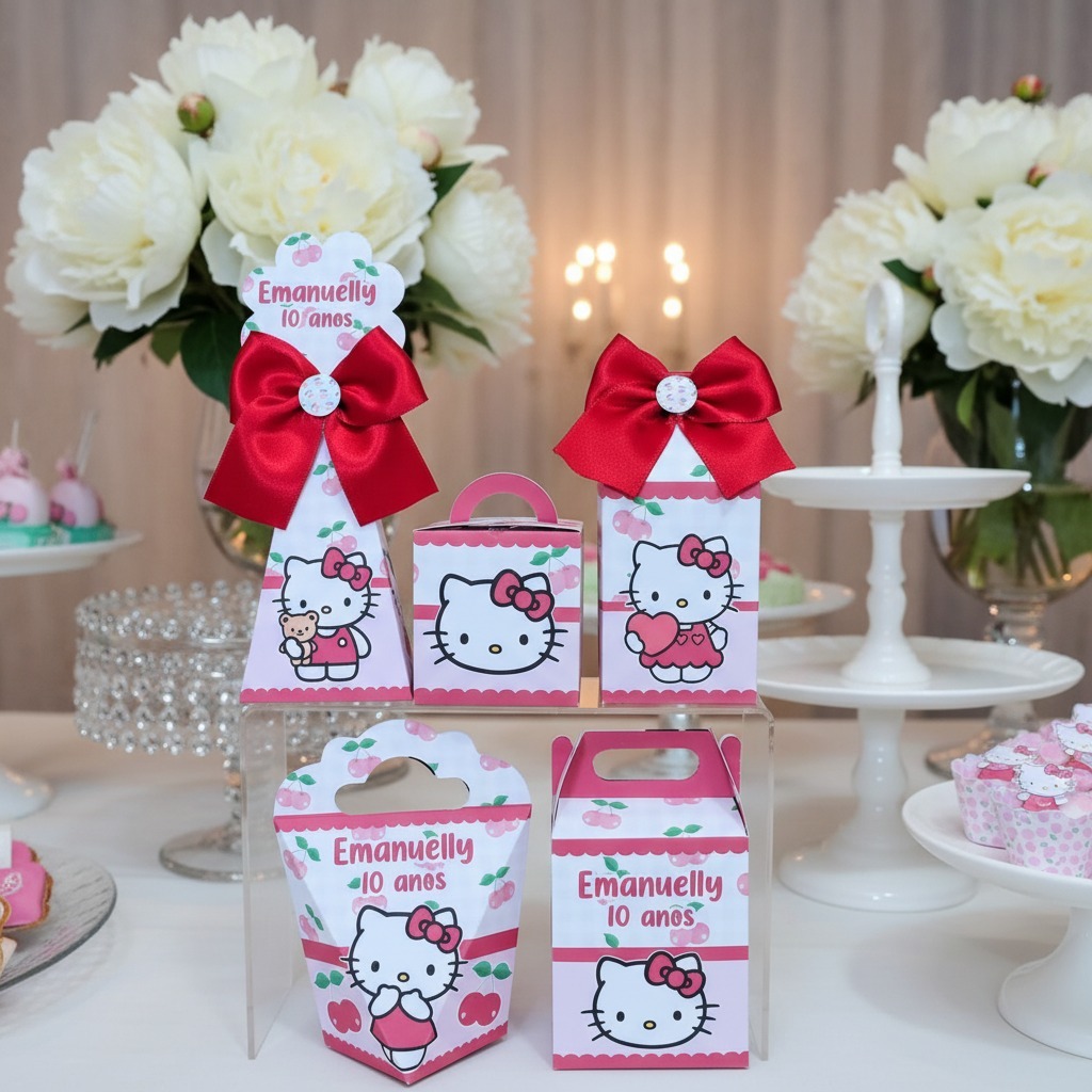 Kit Caixinhas Personalizadas PEGUE E MONTE Hello Kitty Cerejinha Caixas para Lembrancinhas de Aniversário