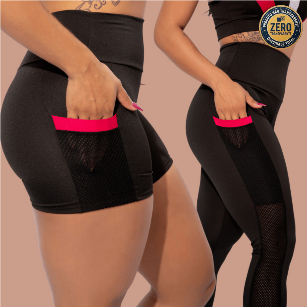 Kit Calça Legging Cintura Alta E Short De Bolso Cabe Celular Academia Treino Feminino ZERO TRANSPARÊNCIA