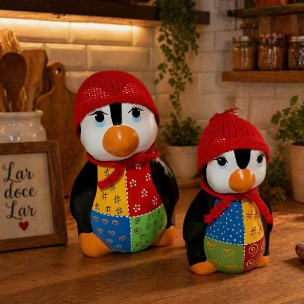 Enfeite de Cozinha Pinguim de Geladeira Vintage - Kit 2 UN em Cerâmica Decoração Retro Área Gourmet