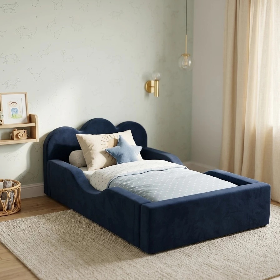 Mini Cama Infantil Montessoriana Pompom Espuma D26 Soft Menino Menina Proteção Lateral Com Colchão
