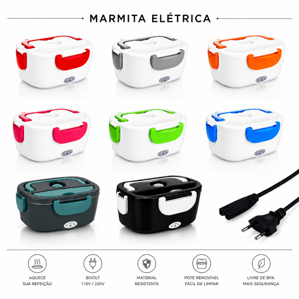 Marmita Elétrica Bivolt Portátil Com Alça 110v/ 220v Aquecedor Marmitex Viagem