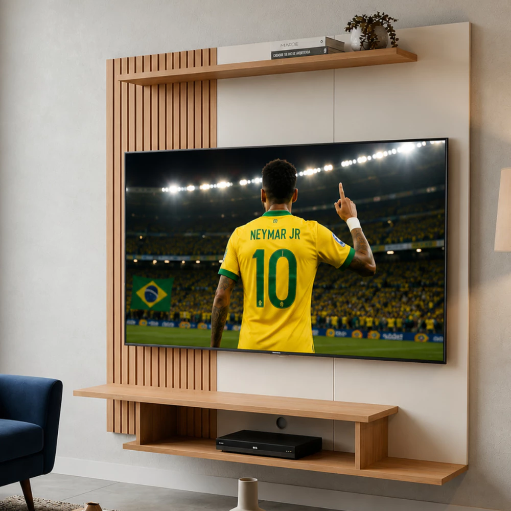 Painel para Tv até 42 Polegadas com Prateleira Nicho Sala Luxo MDF Off White Ripado