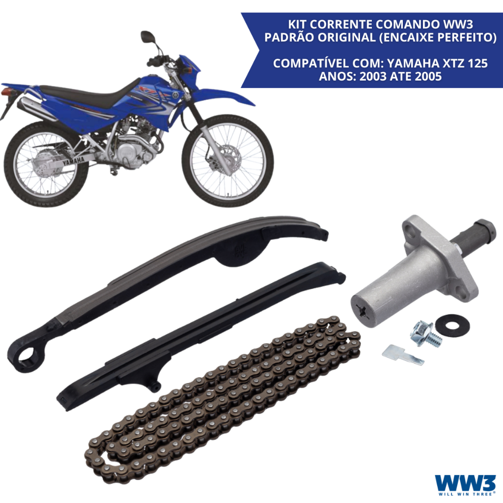 Kit Corrente Comando Yamaha XTZ 125 2003 2004 2005 Completo Corrente Tensor Guia Acionador GP7 Modelo Original WW3