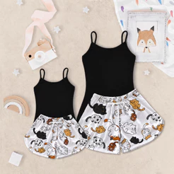 Pijama Feminino Kit Tal Mãe Tal Filha Preto Estampa Gatinho